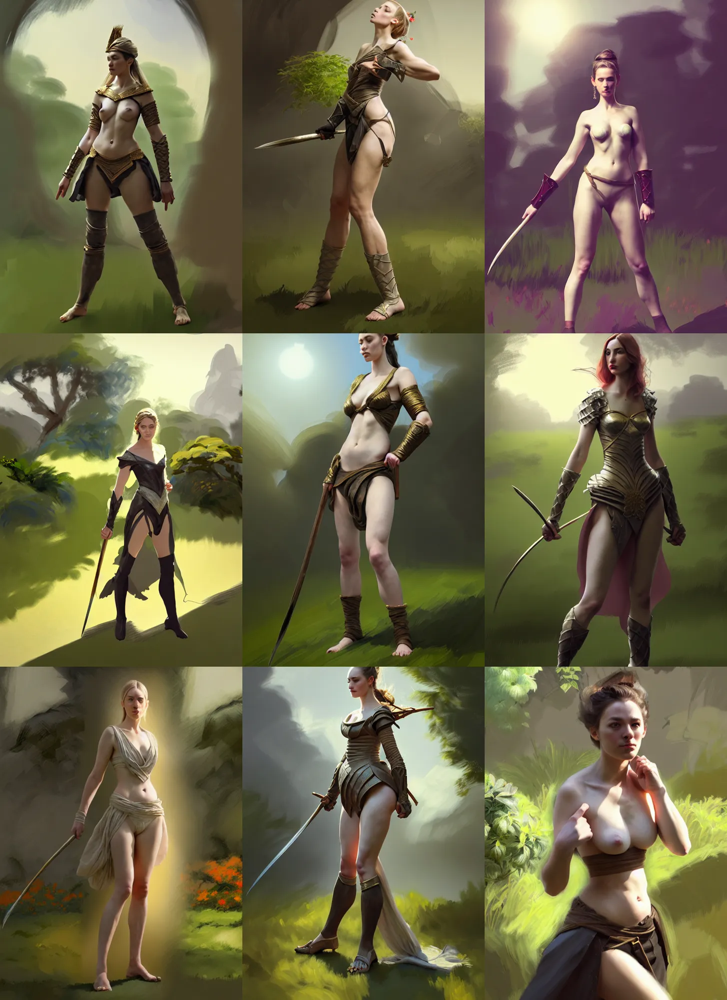 Prompt: photoshop traditional brushes strokes test, costume design from luxury house designers, artist reference pictures pose, sophisticated composition, old masters light composition, procedurally generated, epic fighter girl character posing for concept art, ancient garden behind her, substance designer, PBR, HD, Ultra detailed, hyperrealistic, megascans, volumetric light, concept by master artist, made in paint tool SAI2, trending pixiv face