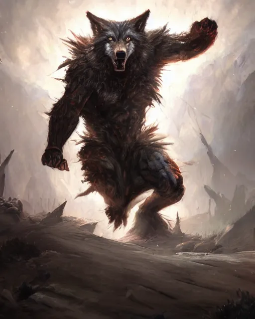 Image similar to oil painting of Angry Anthropomorphized Wolf Berserker, wearing clothes, claws, sharp focus, attack pose, fantasy style, octane render, volumetric lighting, 8k high definition, by greg rutkowski, highly detailed, trending on art Station, magic the gathering artwork, burning Battlefield background, centered