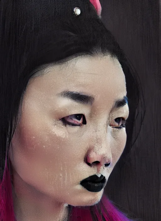 Image similar to portrait of a mongolian woman with a crooked nose and a confident expression, 1 9 6 0 s, black clothes, goth, punk, brightly coloured hair, funk, intricate, elegant, highly detailed, digital painting, artstation, concept art, smooth, sharp focus, illustration, art by wlop, mars ravelo and greg rutkowski