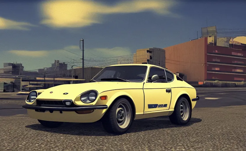 Prompt: 1970 Datsun 240Z in GTA loadscreen art style