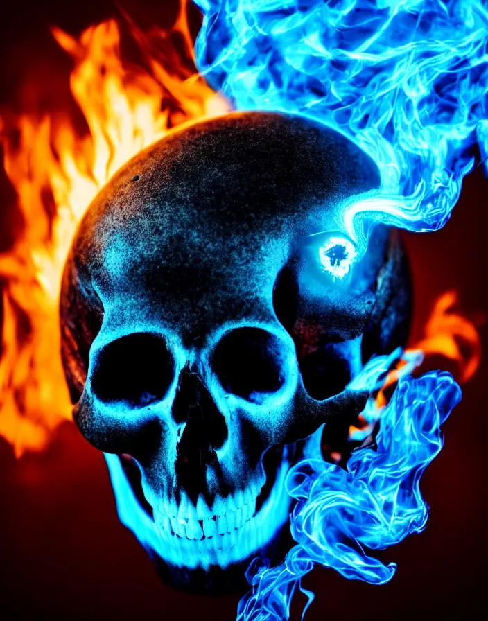 Image similar to photography of a skull with a blue flaming eye in the left orbit