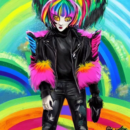 Image similar to wide angle full body, jacket wearing fluffy cute rainbow kitten wearing a black leather motorcycle jacket, cinematic concept art