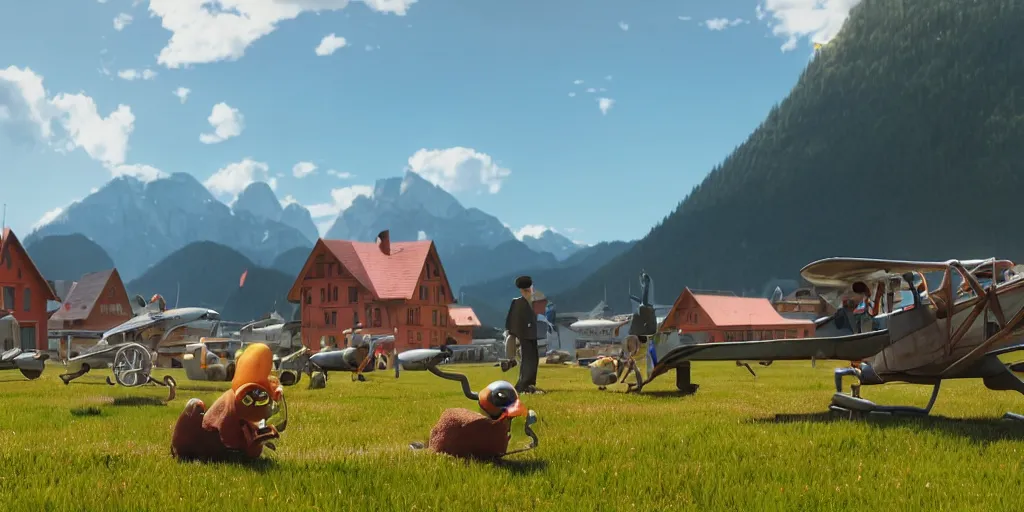 Image similar to a ultra photorealistic and sharp film still of an a sunny and colourful airfield in 1 9 1 6 in the middle of the bavarian alps, germany. wide shot, frog perspective, wes anderson, studio ghibli, pixar and disney animation, octane render, anime key art by greg rutkowski, dramatic lighting, award winning photography