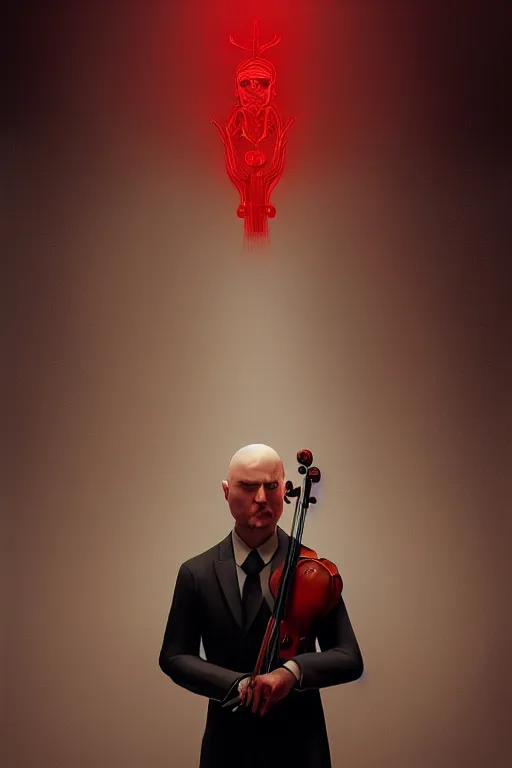 Image similar to an expressive portrait of agent 4 7 playing the violin in a monastery, dark background, red rim light, digital art, artstation, concept art by giger stalenhag