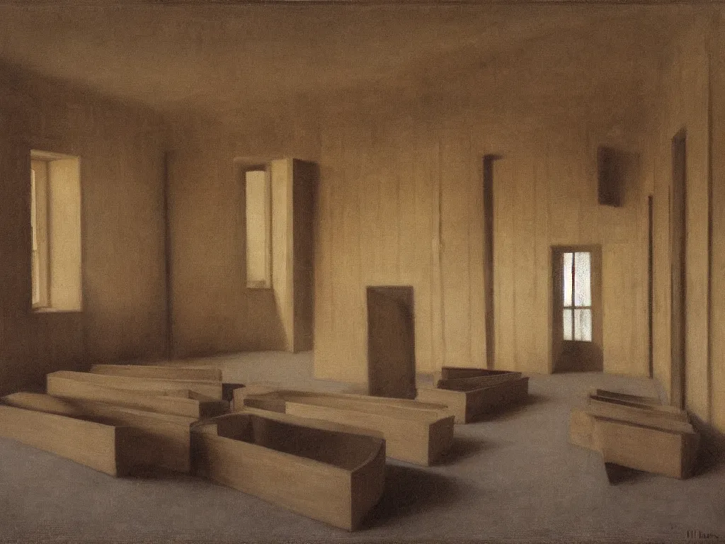 Prompt: Interior full of wooden coffins. Grazing, harsh light. Painting by Vilhelm Hammershoi