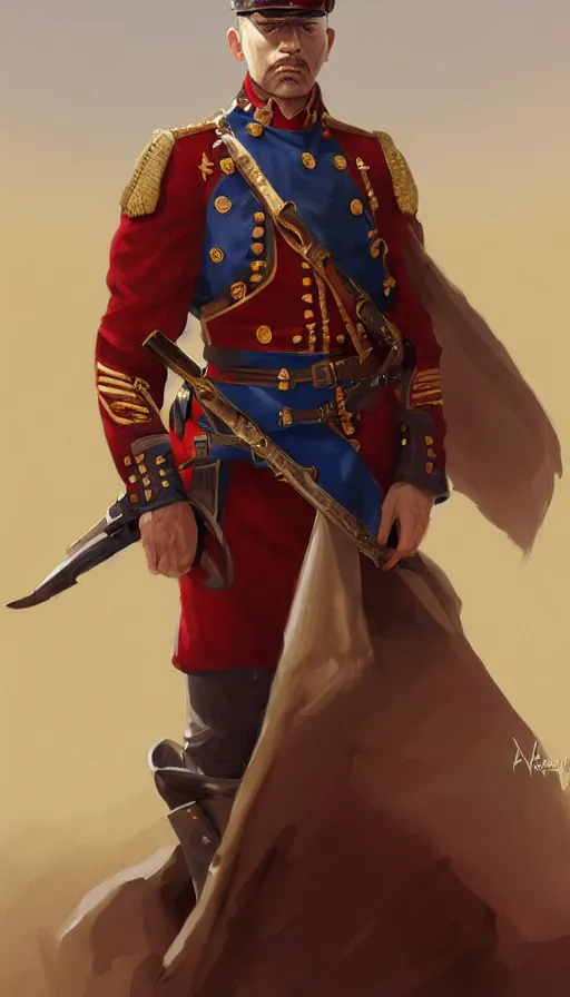 Image similar to federal commander full body portrait, stern look, late xix century red and carmesi military outfit, steppe background, intricate, highly detailed, digital painting, artstation, concept art, sharp focus, illustration, art by Artgerm, Grafit Studio, and Greg Rutkowski, Craig Mullins, Makoto Shinkai, Stanley Artgerm Lau, WLOP, Rossdraws, James Jean, Andrei Riabovitchev, Marc Simonetti, krenz cushart, Sakimichan, D&D trending on ArtStation, digital art - W 700