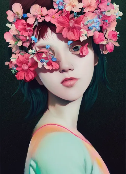 Image similar to still from music video, beautiful women blindfold, flowers, street clothes, full figure portrait painting by martine johanna, ilya kuvshinov, rossdraws, pastel color palette, 2 4 mm lens