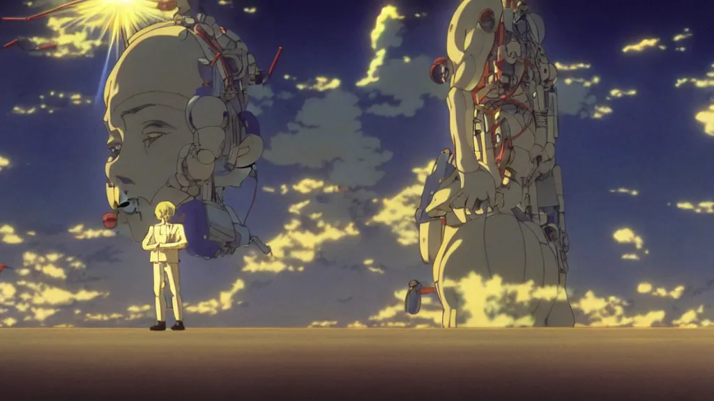 Image similar to god waits in front of volumetric light, anime film still from the an anime directed by katsuhiro otomo with art direction by salvador dali, wide lens