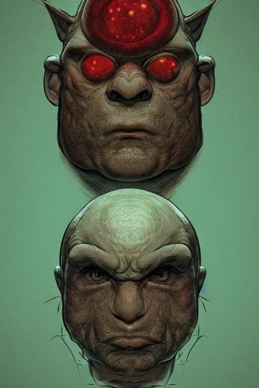 Image similar to portrait of star shaped ogre head with single centered giant bloodshot eye, in the style of Greg Broadmore and Arthur Rackham,trending on artstation, light lighting side view,digital art,surrealism ,macro,blueprint ,vaporwave ,