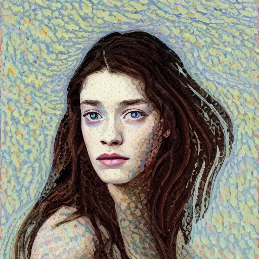 Image similar to professional painting of Astrid Frisbey in the style of Henri-Edmond Cross, head and shoulders portrait, symmetrical facial features, smooth, sharp focus, illustration, intricate, stormy weather, extremely detailed masterpiece,
