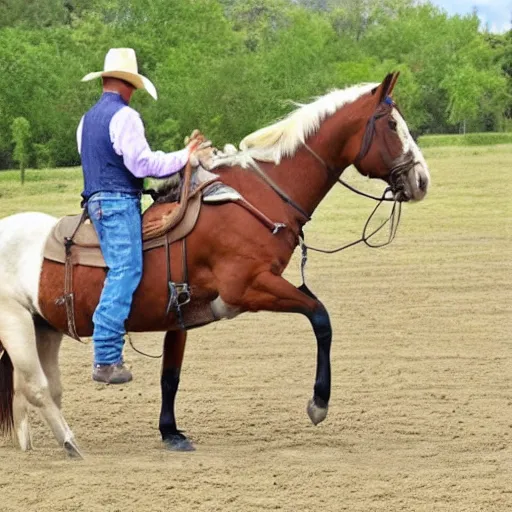 Image similar to a very sad cowboy because his horse's leaving at a horse party