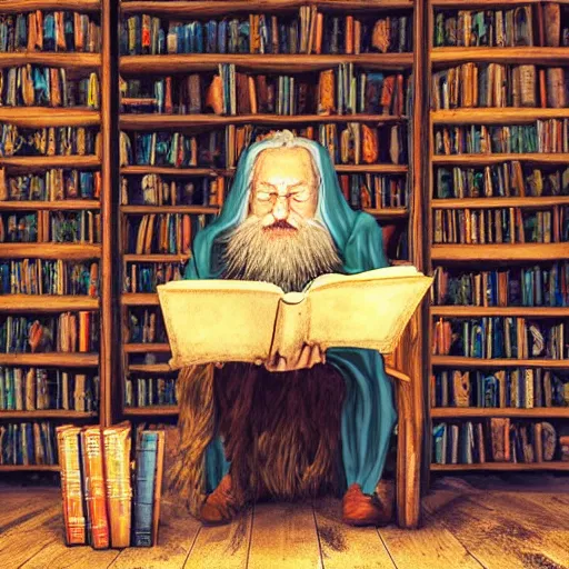 Prompt: a wizard reading a tome in a comfy rustic enchanted library