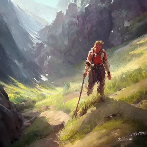 Prompt: Time to climb the mountain path, an expressive oil painting by Ross Tran, John Harris, Krenz Cushart, trending on Artstation
