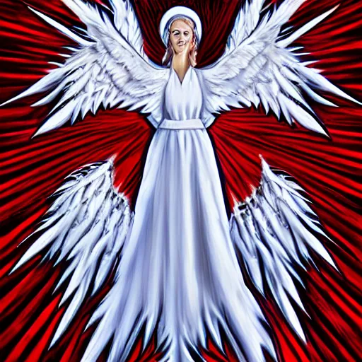 Image similar to biblically acurate angel, highly detailed, white, feathers, red, heavenly, dynamic lighting, realistic.
