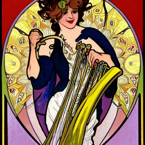 Image similar to a Happy Jester playing the harp, in the style of Alphonse Mucha