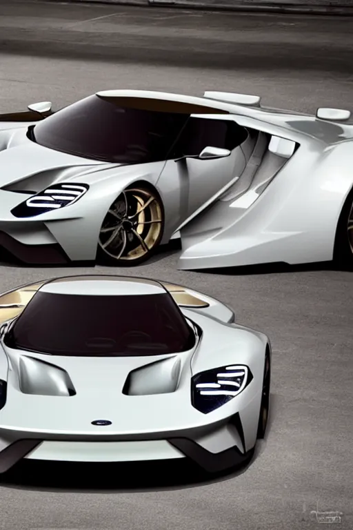 Prompt: ford gt 9 0 concept car painted in white pearl with gold rims