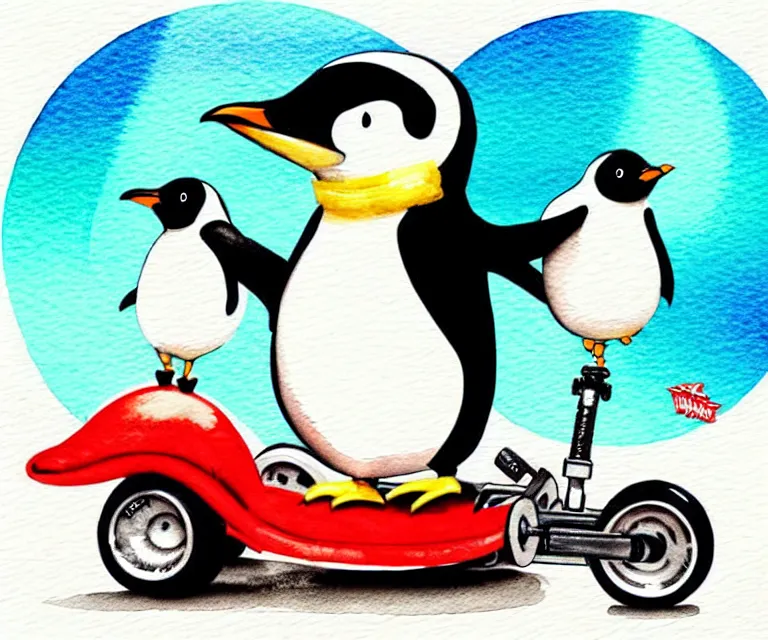 Image similar to cute and funny, penguin riding in a tiny gokart with an oversized engine, ratfink style by ed roth, centered award winning watercolor pen illustration, isometric illustration by chihiro iwasaki, edited by range murata, tiny details by artgerm and watercolor girl, symmetrically isometrically centered, sharply focused