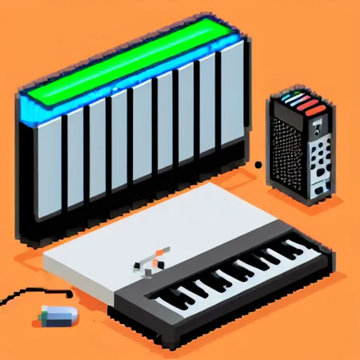 Image similar to trending on art station, cute isometric pixel art music production bedroom, led music gear on desk, ableton push 2