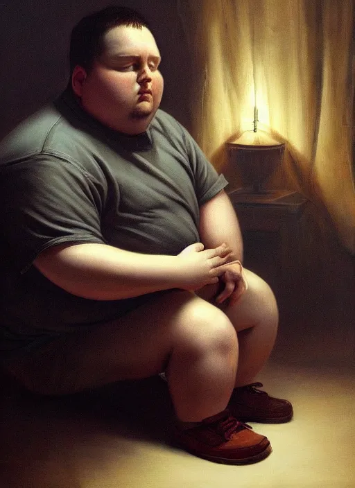 Prompt: insanely detailed chiaroscuro image of a sleepy - looking overweight programmer guy on his knees facing his glowing ultrawide monitor begging it for forgiveness, oil on canvas, masterwork, fine detail, trending on artstation, emotive, insanely compelling, ryden, koons, moebius