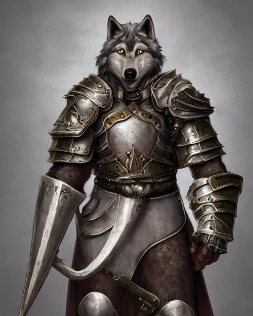 Image similar to 8ft tall, grey skinned, half-giant paladin male, clean shaven head, pupiless eyes, fur stuffed breastplate with no sleaves, breastplate is envraged with a symbol of a wolf, d&d character art