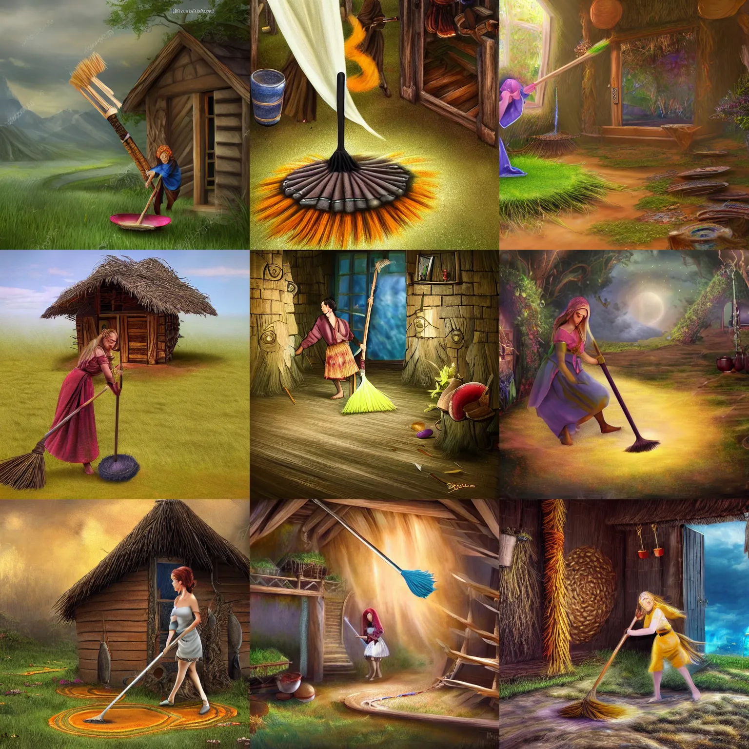 Prompt: fantasy art of an enchanted broom sweeping the floor of a hut on its own, photorealistic