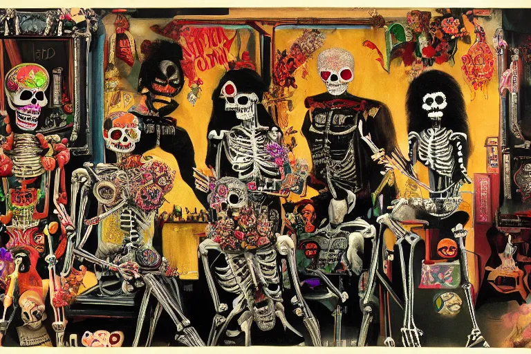 Image similar to scene from amusement arcade, day of the dead, cyber skeletons, queen in black silk in the center, neon painting by otto dix