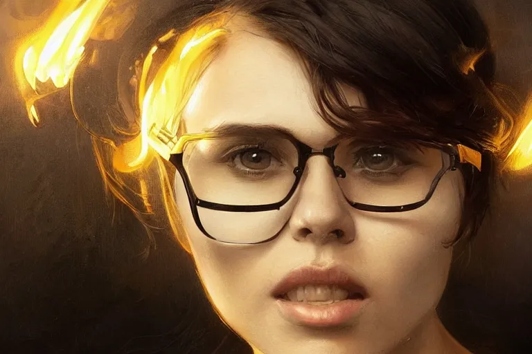 Image similar to Beautiful portrait of a glowing police officer wearing specs. wide angle, magic, fire, face painting, darkness, dramatic lighting, intricate, wild, highly detailed, digital painting, artstation, concept art, smooth, sharp focus, illustration, art by artgerm and greg rutkowski and alphonse mucha, footage from space camera