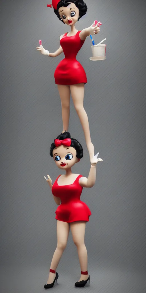 Image similar to Animatronic Betty Boop in Mc Donalds, real hair, dimly lit, photorealistic, hyper realistic 3d matte painting, unrealengine octane 3d render 4k