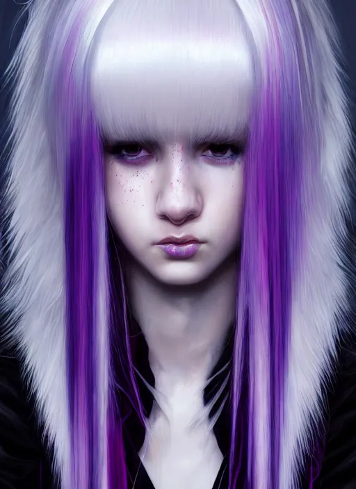 Image similar to hair whitebangs hair, black cyberlox, portrait of normal teenage girl, white bangs, messy bangs, fluffy bangs, cyberlox, whitebangs, red irises, purple background, intricate, elegant, highly detailed, digital painting, artstation, concept art, sharp focus, smooth, illustration, art by wlop, mars ravelo and greg rutkowski