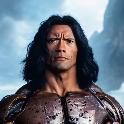 Image similar to cinematic still of dwayne johnson in alita : battle angel ( 2 0 1 9 ), xf iq 4, f / 1. 4, iso 2 0 0, 1 / 1 6 0 s, 8 k, raw, dramatic lighting, symmetrical balance, in - frame