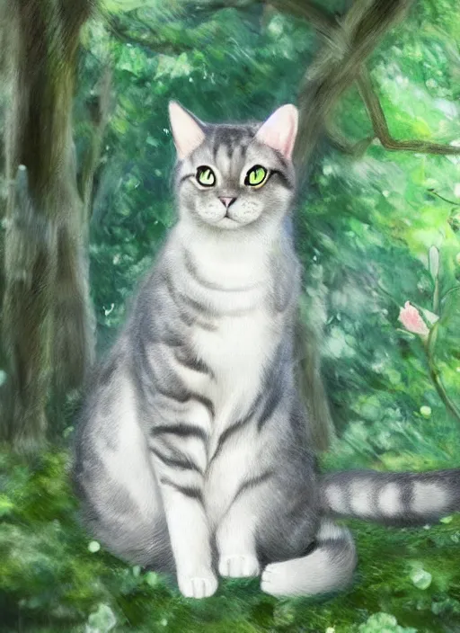 Image similar to beautiful cat, beautiful lightness, anatomically correct, trending on pixiv, forest