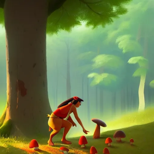 Image similar to goro fujita ilustration pocahontas picking mushrooms in the forest, painting by goro fujita, sharp focus, highly detailed, artstation