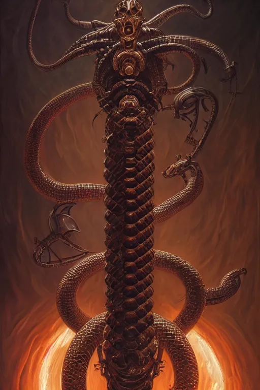 Image similar to masterpiece, infernal caduceus serpent staff, doom, elegant majestic, art by h. r. giger, greg rutkowski, josan gonzalez, alexey egorov, biomechanical, alchemy, monogram