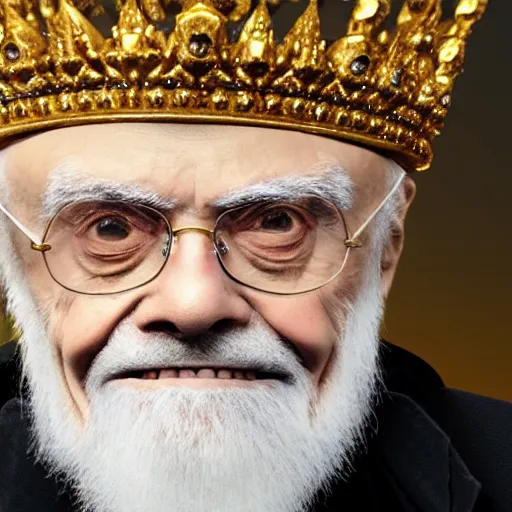 Image similar to James Randi with a diamond jeweled crown with a golden crown, photo-realistic, highly detailed, 8k, in the art style of Filip Hodas, 8k