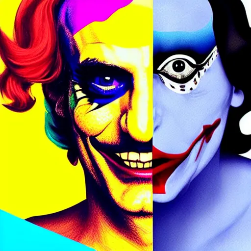 Image similar to richard hamilton and mimmo rottela as lady gaga harley queen and joaquin phoenix joker, pop art, 2 primary color, justify content center, object details, dynamic composition, face and body features, ultra realistic art, smooth, sharp focus, illustration, concept art, intricate details, h 7 6 8