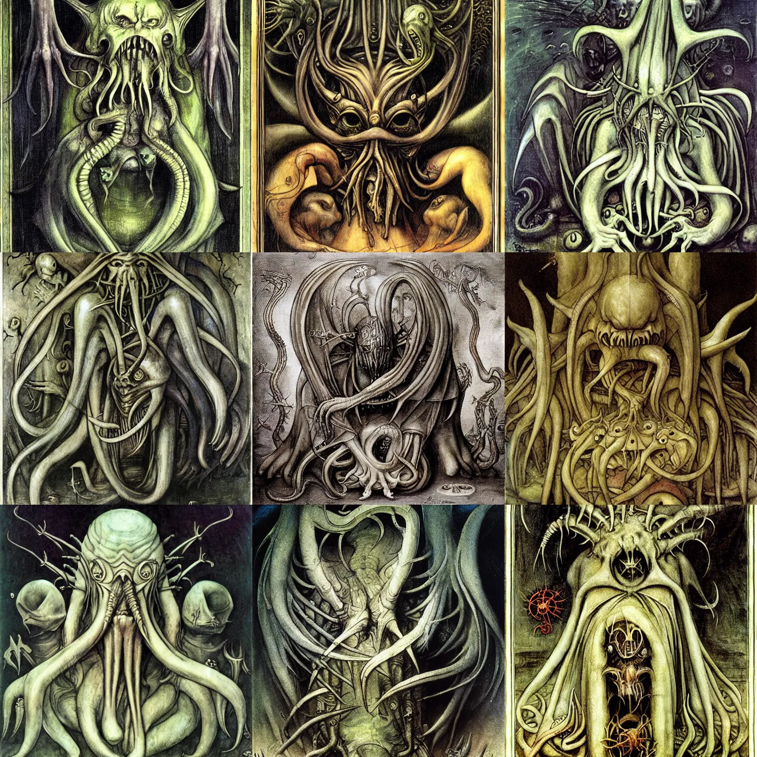 Prompt: cthulhu brian froud h r giger hieronymus bosch