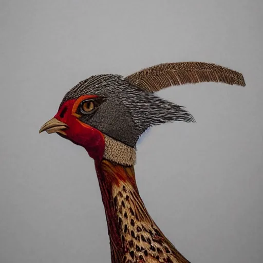 Prompt: pheasant holding a sword, by lily seika jones Instagram, rivuletpaper art, top cinematic lighting , cinematic mood, very detailed, shot in canon, 8k, high resolution