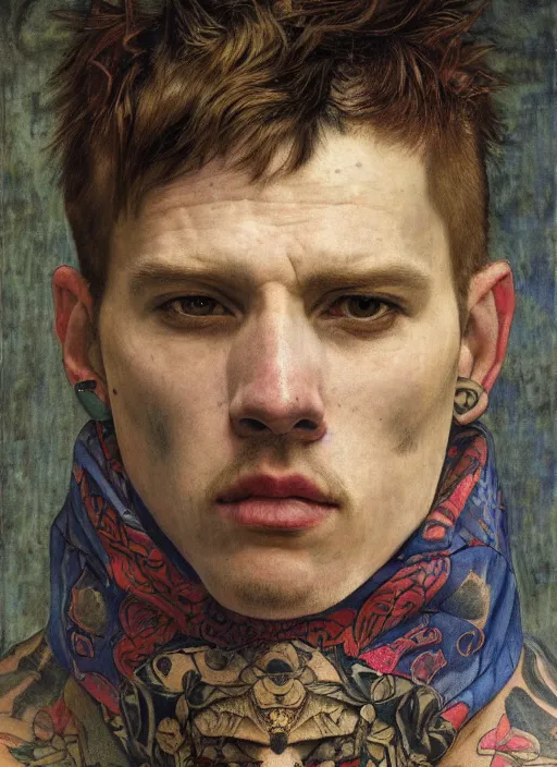 Prompt: close - up portrait of a handsome man with tattoos wearing a balaclava with colourful intricate psychodelic patterns, by edgar maxence and caravaggio and michael whelan and delacroix style, artistic, intricate drawing, light brazen, realistic fantasy, extremely detailed and beautiful aesthetic face, establishing shot, 8 k resolution, dramatic lighting