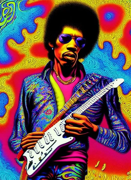 Image similar to hyper detailed 3d render like a Oil painting - Jimi Hendrix aerochrome and milky Fruit holding a white stratocaster guitar in his left hand, iridescent paisley patterns by Jacek Yerka, Ilya Kuvshinov, Mariusz Lewandowski, Houdini algorithmic generative render, Abstract brush strokes, Masterpiece, Edward Hopper and James Gilleard, Zdzislaw Beksinski, Mark Ryden, Wolfgang Lettl, hints of Yayoi Kasuma, octane render, 8k