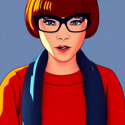 Image similar to Stunning Scene of Velma Dinkley wearing her iconic orange sweater from Scooby Doo in court for falsely accusing someone of being a criminal. Pixiv, artstation