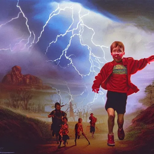 Image similar to a running child surrounded covered, lightning, vapor, mist, smoke, blood drops, fire, a highly detailed matte painting by John Philip Falter and Jason Edmiston