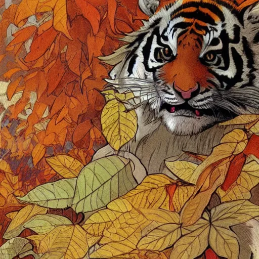 Image similar to a highly detailed portrait of cartoon tiger, sweating and flapping fan, autumn leaves on the ground, concise lines, ultradetailed environment, sharp focus, cinematic lighting, by alphonse maria mucha and kim jung gi