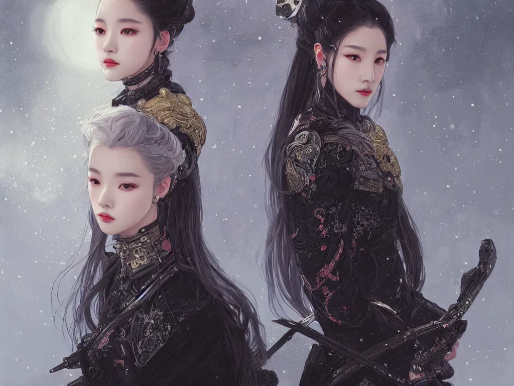 Image similar to portrait jisoo blackpink, grey hair armored samurai clothes, in snowy torii black magic night, ssci - fi and fantasy, intricate and very very beautiful and elegant, digital painting, artstation, concept art, smooth, illustration, art by tian zi and wlop and alphonse mucha