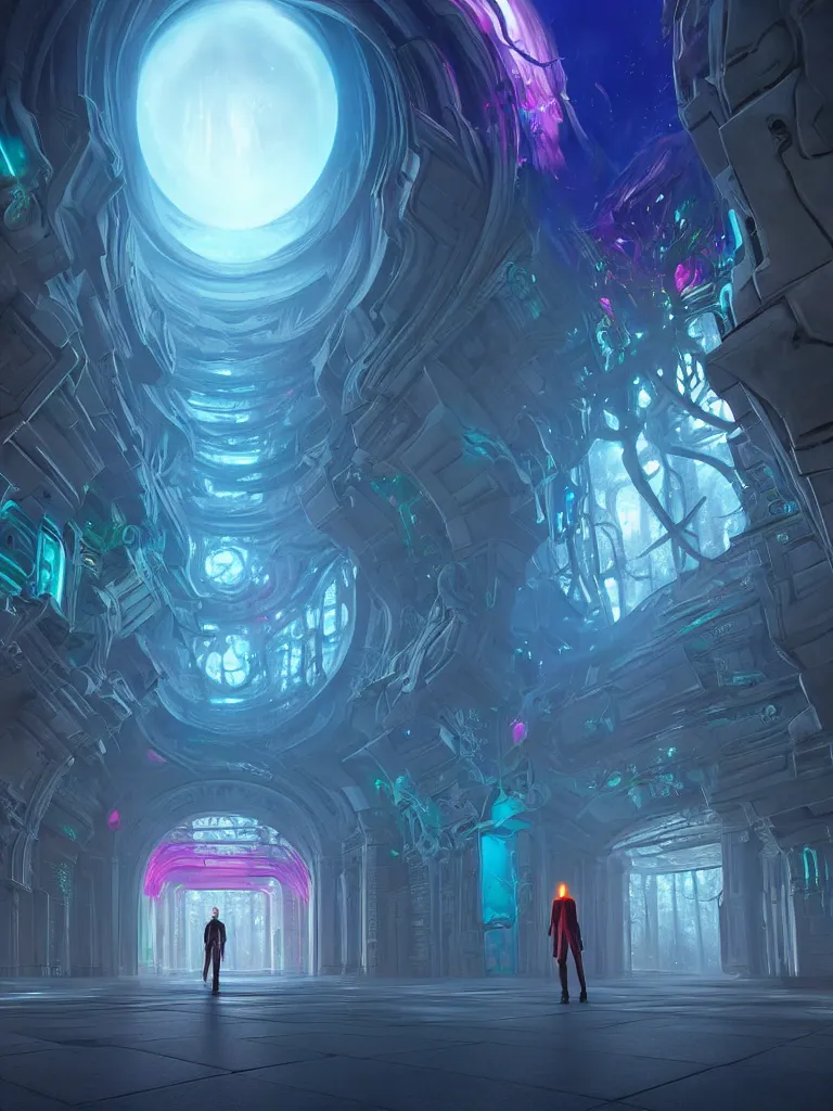 Prompt: entrance to ethereal realm, rendered in unreal engine, central composition, symmetrical composition, dreamy colourful cyberpunk colors, 6 point perspective, fantasy landscape with anthropomorphic!!! terrain!!! in the styles of igor morski, jim warren, and rob gonsalves, intricate, hyperrealistic, volumetric lighting, big sky, distinct horizon