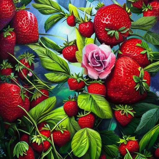 Prompt: Floral surrealism oil on canvas, Strawberry Fields forever, 4k, high detail, trending on artstation