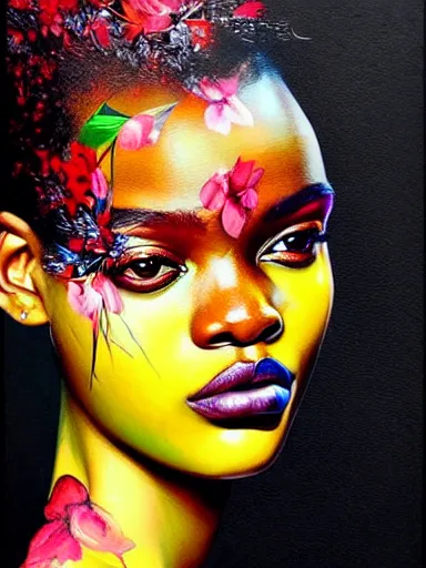 Prompt: double exposure, portrait of duckie thot with a floral background : : painted by artgerm, karol bak, artur bordalo, sandra chevrier : : portrait, character, illustration, hyperrealism, photorealism