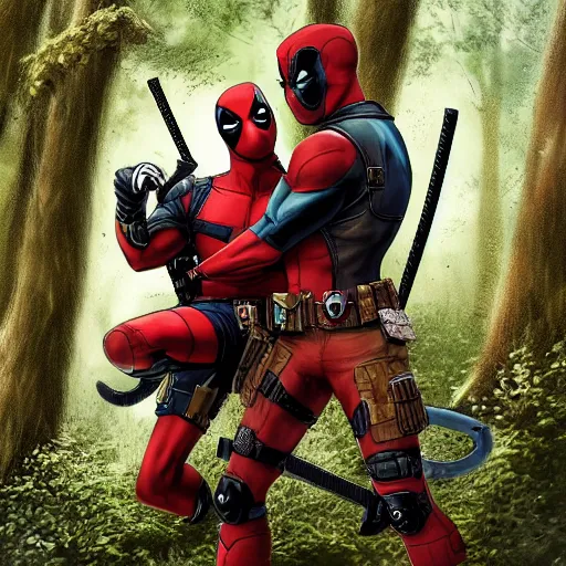 Image similar to deadpool and rocket raccoon in the woods digital art 4 k detailed super realistic