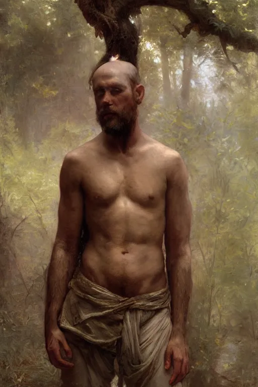 Image similar to Male primal hunter by Alyssa Monks, Bouguereau. full-shot, hyper realism, realistic proportions, dramatic lighting, high detail 4k