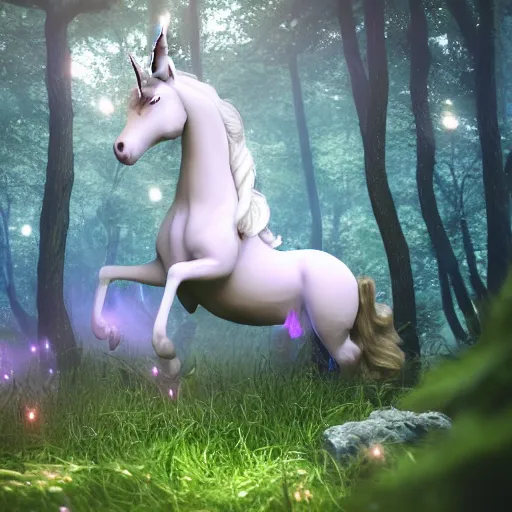 Image similar to a unicorn in a magical forest, 3 d render octane, trending on artstation