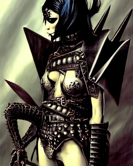 Image similar to portrait of a skinny punk goth warrior wearing armor by simon bisley, john blance, frank frazetta, fantasy, thief rogue